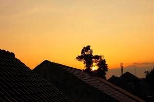 des photos de toits, d'arbres et d'autres maisons l'après-midi où le ciel est orange, cette photo peut créer une sensation particulière pour ceux qui la voient