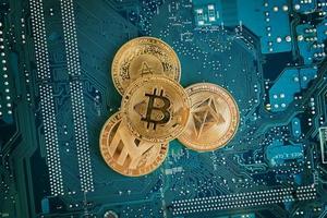 pièces de monnaie bitcoin, ethereum, litecoin et cardano sur carte électronique bleue