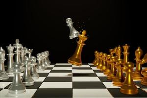 deux armées d'échecs sur l'échiquier en bois. place vide pour le texte. bataille d'échecs illustration 3d photo