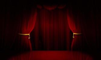 scène d'ouverture de draperie de scène de rideaux rouges de théâtre avant la représentation du spectacle. concept d'illustration d'anticipation d'ouverture de cirque ou d'opéra. photo