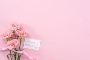 beaux oeillets tendres de couleur rose bébé en fleurs fraîches isolés sur fond rose vif, concept de conception de remerciement pour la fête des mères photo