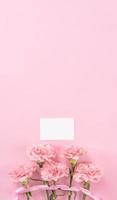 vue de dessus, flay lay, copiez l'espace, gros plan, maquette, fête des mères grâce au concept de conception. beaux oeillets de couleur rose bébé en fleurs fraîches isolés sur fond rose vif photo