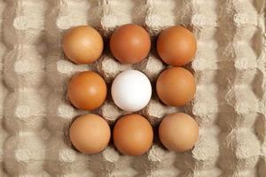 vue rapprochée des œufs de poule crus en boîte, blanc d'œuf, brun d'œuf photo