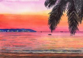 plage de paysage d'été aquarelle avec palmier photo