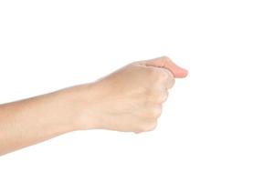 main de femme montre le geste du poing isolé sur fond blanc photo