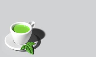 thé chaud vert de rendu 3d. Rendu 3D de thé vert sur la tasse. tasse de thé vert en verre 3d réaliste photo