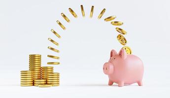 pièces d'or empilées et volantes vers le cochon rose économiser de l'argent sur fond blanc pour le concept de croissance des dépôts et des économies financières par rendu 3d. photo