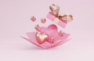 bannière de la saint-valentin heureuse avec boîte-cadeau ouverte, coeurs 3d et décorations romantiques de la saint-valentin sur fond rose., modèle 3d et illustration. photo