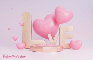 bannière de la saint-valentin heureuse avec podium pour la présentation du produit et objets 3d d'amour sur fond rose., modèle 3d et illustration. photo