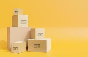 tas de boîtes en carton pour la livraison de marchandises, colis sur fond jaune., modèle 3d et illustration. photo