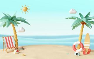 concept de vacances d'été, chaises de plage et accessoires sous palmier avec espace de copie pour la publicité du produit, illustration 3d photo