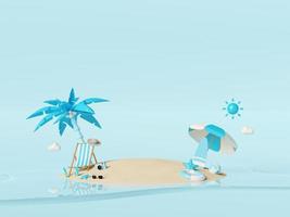 concept de vacances d'été, chaises de plage et accessoires sous palmier avec espace de copie pour la publicité du produit, illustration 3d photo