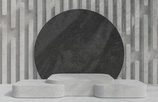 podium en béton pour la présentation du produit et cercle de roche noire sur fond de mur en béton style minimal., modèle 3d et illustration. photo