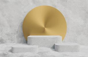 podium en béton pour la présentation du produit et cercle doré sur fond de mur en béton style minimal., modèle 3d et illustration. photo