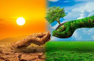 arbre à deux mains avec des environnements très différents jour de la terre ou journée mondiale de l'environnement réchauffement climatique et pollution photo