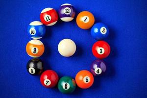 boules de billard en forme d'horloge sur une table de billard bleue. image horizontale vue du dessus. photo