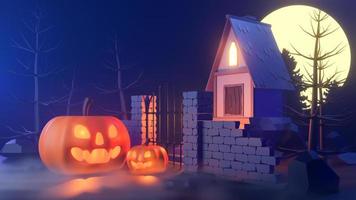 thème d'halloween avec des citrouilles et une maison la nuit., modèle 3d et illustration. photo