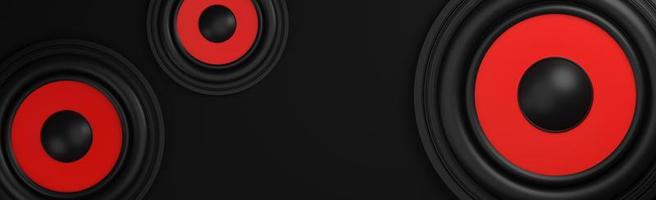 de nombreux haut-parleurs rouges sur fond noir., modèle 3d et illustration. photo