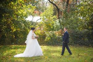 la mariée et le marié sur le fond du parc d'automne. photo