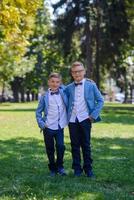 deux petits garçons, les frères sont vêtus d'un costume. les enfants sont debout dans le parc et s'embrassent. photo