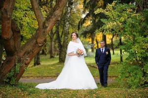 la mariée et le marié sur le fond du parc d'automne. photo