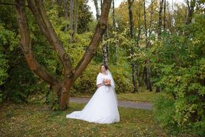 portrait d'une mariée solitaire sur fond de parc d'automne. la jeune fille s'est réfugiée sous un voile avec lequel le vent se développe. photo