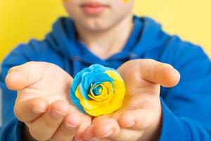 rose des couleurs jaunes et bleues du drapeau ukrainien entre les mains d'un garçon. photo