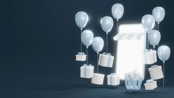 concept de rendu 3d du commerce électronique, achats en ligne. smartphone avec coffrets cadeaux, ballons et paniers pour la conception commerciale. rendu 3D. photo