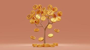 Concept de rendu 3D de la croissance financière. arbre d'argent avec des pièces tombant sur le fond. rendu 3D. Illustration 3D. livre sterling. photo