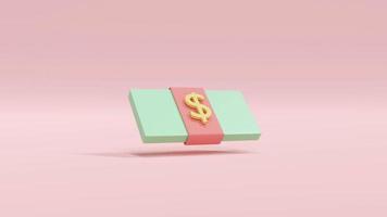 Concept de rendu 3D d'économie d'argent, icône de l'argent. un paquet de billet d'un dollar au pastel isolé sur fond rose. illustration de rendu 3d minimale photo