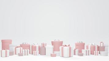 Concept de rendu 3d d'un ensemble de boîtes cadeaux emballées dans un thème rose sur fond blanc pour la conception commerciale. coffrets cadeaux emballés. rendu 3D. photo