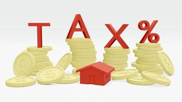 concept de rendu 3d de l'impôt foncier. une maison, une pile de pièces de monnaie et une taxe de texte sur le fond. rendu 3D. Illustration 3D. photo