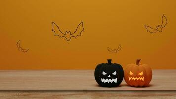 rendu 3d. citrouille d'halloween jack o lantern sur table en bois avec une chauve-souris volante sur fond. photo