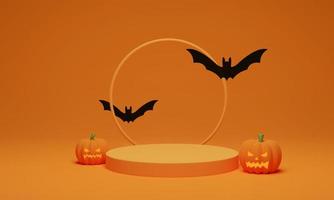 rendu 3d. scène minimale de podium abstrait pour fond d'halloween. citrouille avec chauve-souris volante sur socle de forme géométrique