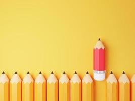 le crayon rouge sort du groupe de crayons jaunes pour une perturbation de l'éducation ou un concept de leadership intelligent par rendu 3d. photo