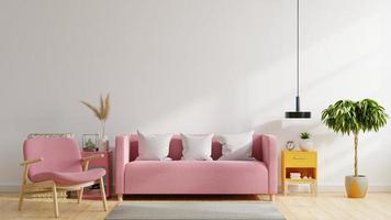 intérieur de salon moderne lumineux et confortable avec canapé rose, fauteuil et lampe avec fond de mur blanc.