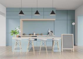 intérieur de salle de cuisine moderne, salle de restaurant moderne, intérieur de café moderne sur fond de mur bleu.