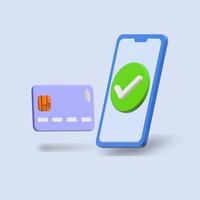 Illustration 3d d'un téléphone avec une carte de crédit flottant sur un fond bleu. banque mobile et service de paiement en ligne photo