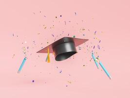 chapeau de graduation avec des confettis volants colorés sur fond rose photo