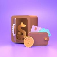 coffre-fort avec pièces d'or et signe dollar. concept d'épargne financière. illustration de rendu 3d photo