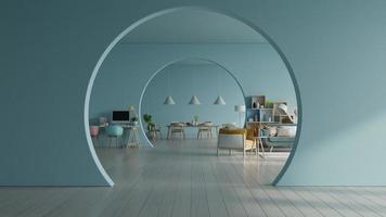 salon blanc et salle à manger moderne avec mobilier en bois. photo