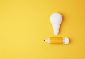 ampoule blanche avec un crayon jaune pour une idée de pensée créative et un concept d'innovation par rendu 3d. photo