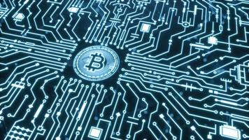 bitcoin de rendu 3d et chaîne de blocs pour la crypto-monnaie dans le futur fond bleu. photo