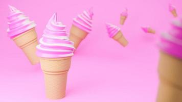 crème glacée molle aux saveurs de fraise et de lait sur un cône croustillant sur fond rose., modèle 3d et illustration. photo