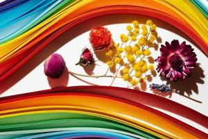 fond de rayures de papier de couleur arc-en-ciel avec des fleurs multicolores sèches photo