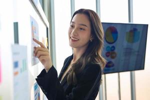 jeune femme d'affaires asiatique pointant sur un tableau blanc dans la salle de réunion. jeune équipe de start-up travaillant dans la salle de réunion photo