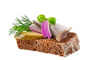 sandwichs de pain de seigle avec hareng, oignons et herbes. photo