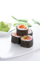 sushi maki sur plaque blanche sur fond blanc