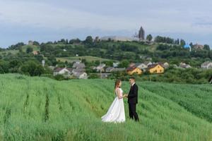 mariés dans un champ de blé. le couple s'embrasse au coucher du soleil photo