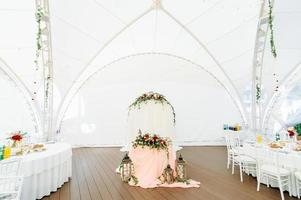 tables de dîner rondes recouvertes de tissu bleu se tiennent dans un pavillon de mariage blanc photo